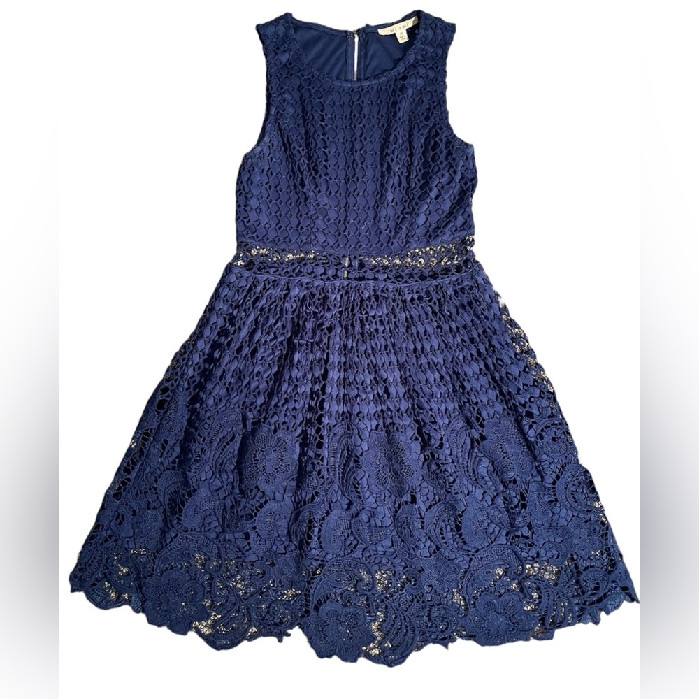 Miami Sleeveless Blue Crochet Cutout A-Line Mini Dress, Size M - Picture 1 of 4